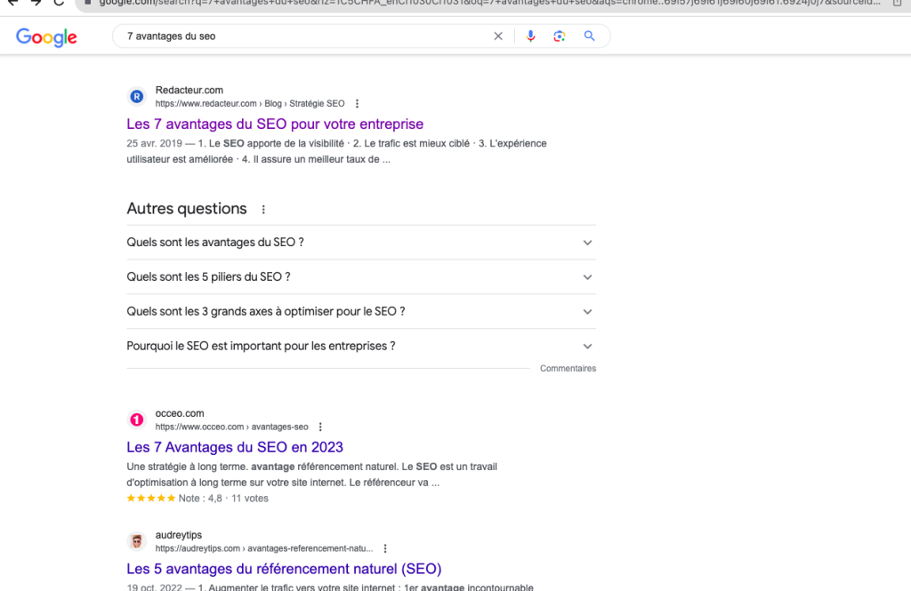 Resultat des moteurs de recherche sur le terme de recherche les 7 avantages du SEO